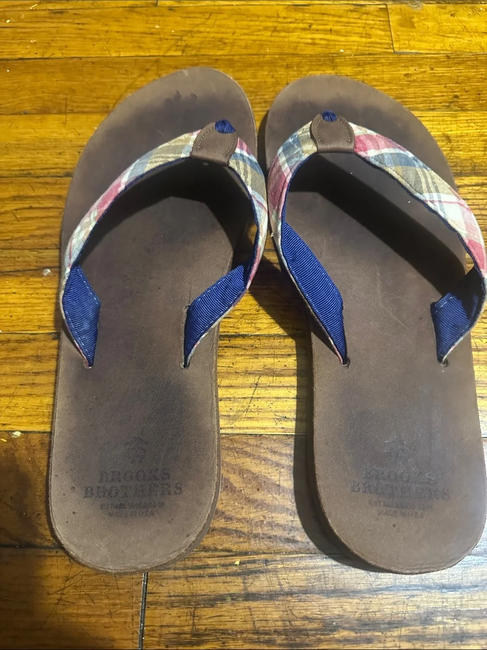 Brooks Brothers Brown Leather Flip Flops with Navy and Plaid Straps